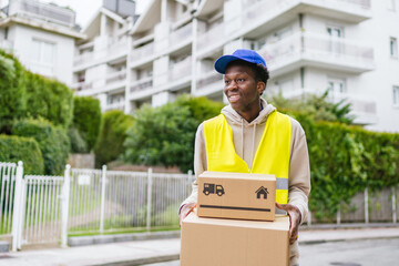 Smiling African courier holding packages, standing in front of apartments in yellow vest