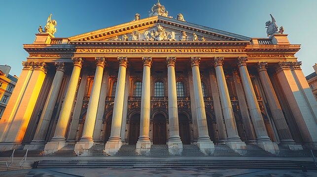 Neoclassical Building Facade With Columns and Golden Trim at Sunset