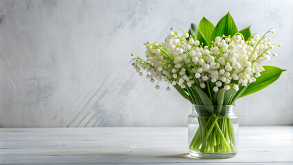 Fresh lily of the valley flowers in a glass vase on a white background, spring, delicate, fragrant, botanical, nature