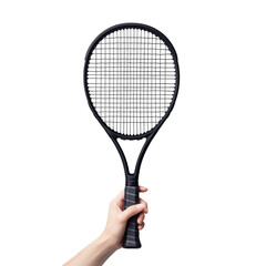 A close-up of a hand holding a black tennis racket, showcasing its string pattern and grip for sports and fitness themes. isolated on a transparent background