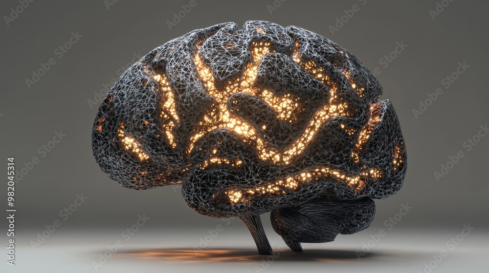 Poster Neural Elegance. Illuminated Brain Sculpture Showcasing Complex Networks