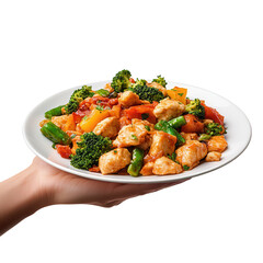 A vibrant plate of chicken stir-fry with fresh vegetables, showcasing a colorful and nutritious meal perfect for any occasion. isolated on a transparent background