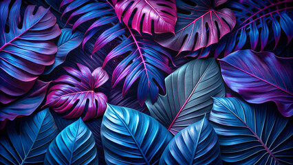Vibrant tropical leaves in shades of deep blue and purple , Tropical, Leaves, Vibrant, Collection, Close-up, Blue, Purple