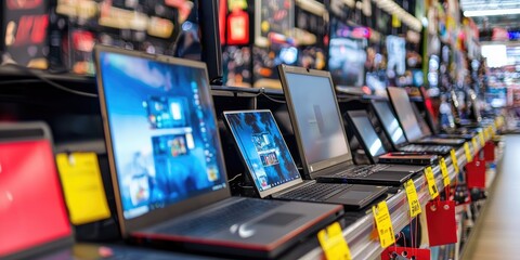 Naklejka premium A display of high-tech gadgets like smartphones, laptops, and gaming consoles arranged in a neat row, with bright red and yellow discount tags hanging from each