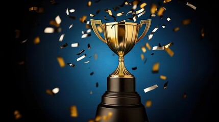 Golden trophy with confetti falling around it on a blue background, celebrating financial incentives, award recognition, success achievement