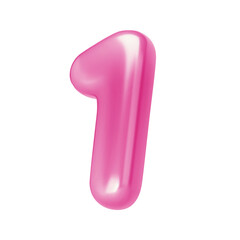Number pink 1. Foil and chrome balloon number one in 3d style. Realistic design elements isolated on white background. Vector illustration