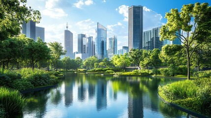 Fototapeta premium A modern city park with a pond and lush greenery in front of tall buildings.