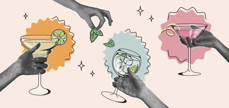 Contemporary halftone collage. Hands of people with alcoholic cocktails Margarita, Gin Tonic, Cosmopolitan. Retro style party concept. Bar menu concept