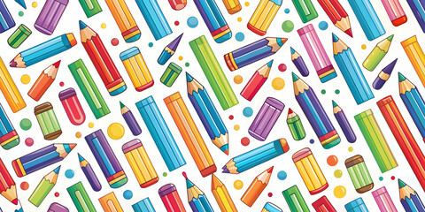 Cute and colorful seamless pattern featuring children's school supplies like crayons and pencils, children's school