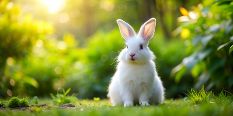 Fototapeta premium A fluffy white rabbit sitting in a lush green garden, bunny, cute, pet, animal, fluffy, adorable, furry, wildlife, nature, outdoor