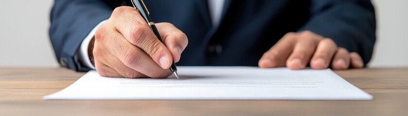 A business professional writing on a document with a pen, showcasing a focus on work and professionalism in an office setting.