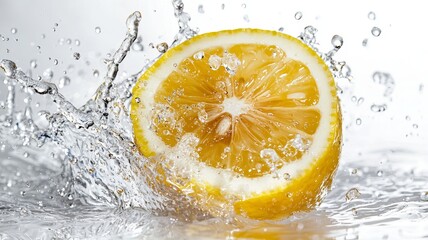 Fresh Lemon Slice with Water Splash on White Background  - ai