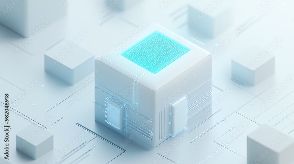 Poster a 3d cube representing advanced technology and data processing in a futuristic digital landscape