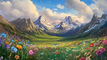 Fototapeta premium A Colorful Wildflower Meadow Surrounded by Majestic Snow-capped Mountains