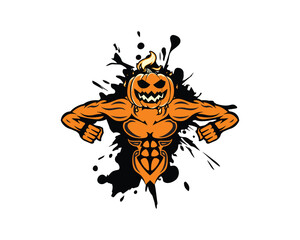 Halloween pumpkin illustration vector logo for gym and fitness. Splash in background