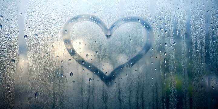 Heart shape drawn on a misty window with water droplets , heart, misty, window, drawing, love, symbol, romantic, foggy