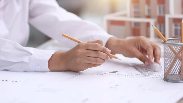 female architect designer examines house layout