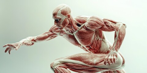 A 3D rendering of a human figure with the muscles exposed, posed in an athletic stance, capturing the detail and intricacies of the muscle fibers and tendons