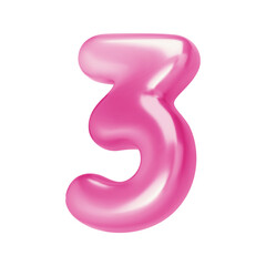 Number pink 3. Foil and chrome balloon number three in 3d style. Realistic design elements isolated on white background. Vector illustration