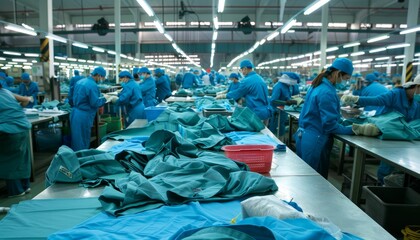 Workers in a garment factory busily sewing and inspecting surgical gowns