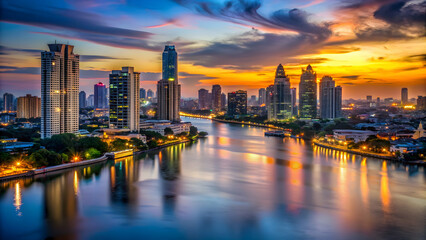 Obraz premium Twilight brilliance over Bangkok skyline with vibrant city lights reflecting on the river , Bangkok, Thailand, skyline