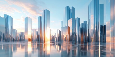 Fototapeta premium A futuristic cityscape with buildings clad in chrome, reflecting the surroundings and light to create a sleek, modern vibe.