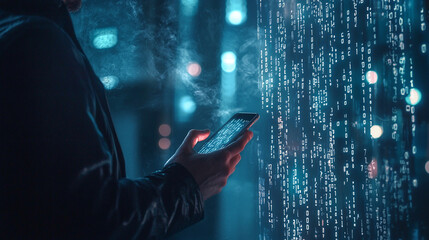 Back view of Hacker holding a phone