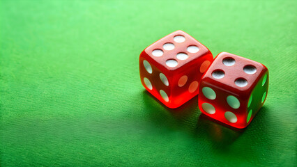 Two dice rest on a vibrant green floor , game, chance, risk, luck, gambling, strategy, number, tabletop, colored, square, roll