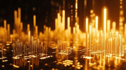 Abstract digital visualization with glowing vertical bars representing data or sound waves.