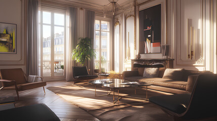 Fototapeta premium Parisian apartment. Scandinavian interior design of modern living room, home.