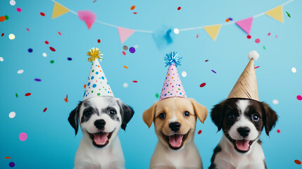 Fototapeta premium Three adorable puppies wearing festive party hats, surrounded by colorful confetti, against a bright blue background. A joyful and playful scene perfect for celebrations and pet-themed occasions.