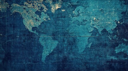 Obraz premium A textured world map in blue tones, illustrating global geography and boundaries.