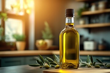 Elegant glass bottle of olive oil with a pouring spout placed on a wooden surface in a cozy kitchen setting during golden hour