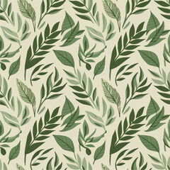 Fototapeta premium Seamless Pattern of Green Leaves in Various Shapes and Sizes on a White Background