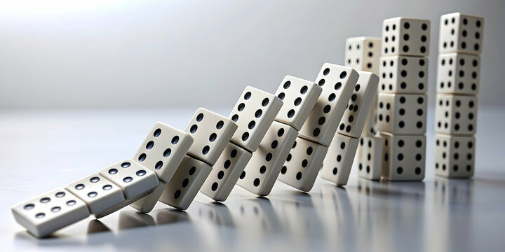 A chain reaction of falling dominoes, symbolizing cause and effect, domino effect, falling, chain reaction