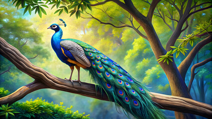 Naklejka premium Detailed painting of a beautiful blue peacock sitting on a tree branch , peacock, bird, blue, tree, branch, detailed
