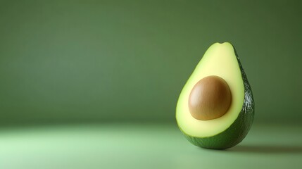 A halved avocado with a large pit on a green background.