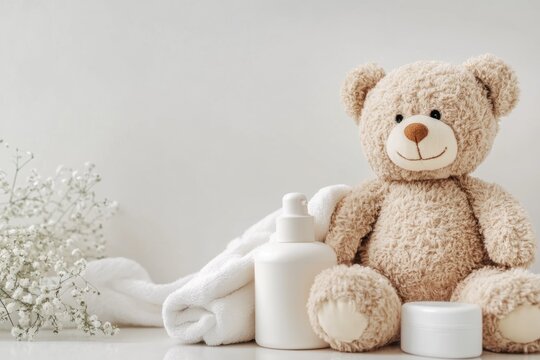 Cuddly teddy bear sits next to gentle baby skincare products on soft towels in a serene nursery setting