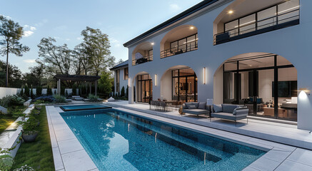 Fototapeta premium Exterior Design and Backyard, The large, rectangular swimming pool is the centerpiece of the backyard. It is surrounded by a clean, the sleek and luxurious atmosphere. Generative AI.