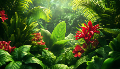 A lush jungle scene with vibrant green leaves and exotic flowers, bringing the warmth of the tropics to your screen