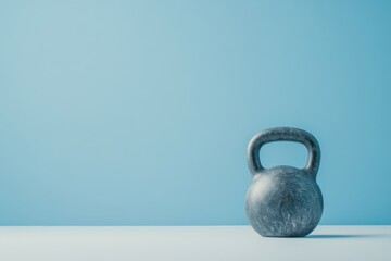 A solitary kettlebell placed on a smooth surface against a clean blue background in a minimalist setting