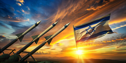 Missiles aimed at the sky at sunset with Israel flag , missiles, sky, sunset, Israel, flag, nuclear bomb