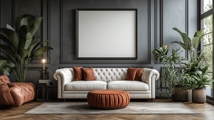 A blank poster hanging on the wall of a minimalist room with clean lines and modern furniture