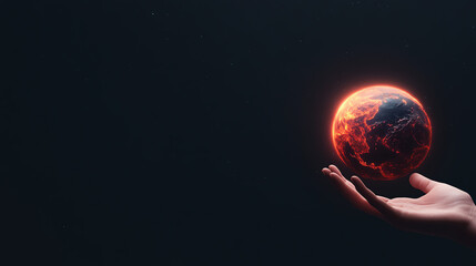 A hand gently cradles a glowing planet in space, symbolizing care and connection to the universe.