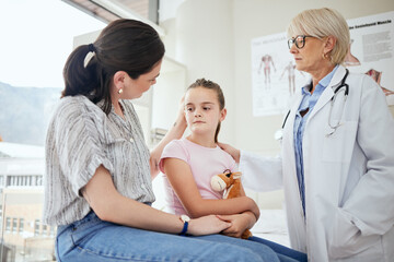 Mom, girl and sad with pediatrician with diagnosis on illness, sickness and feedback or report at hospital. Female doctor, parent and worried with kid on consultation for healthcare with support