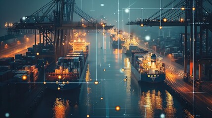 Intelligent data detection of shipping port, dark tone, very scientific and technological. Generative AI.