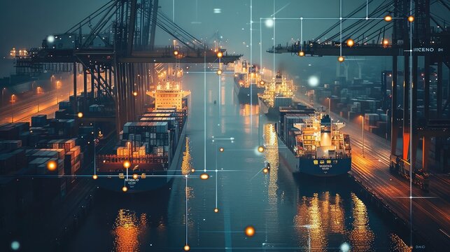 Intelligent data detection of shipping port, dark tone, very scientific and technological. Generative AI.