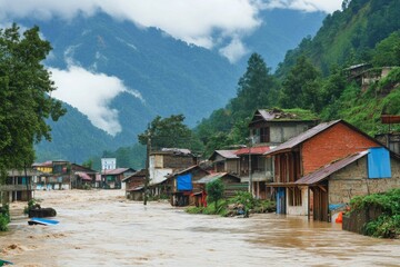 Naklejka premium Flooding in mountain villages, Impact of global warming , Generative AI