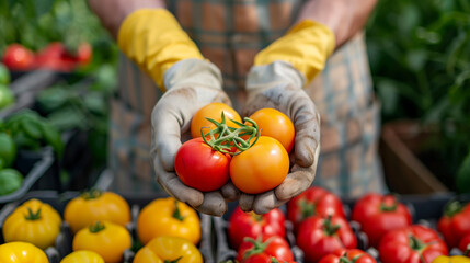 Close-up View of Tomato Harvest in a Vegetable Greenhouse, Farmer Engaged in Agricultural Work, Sustainable Farming Concept