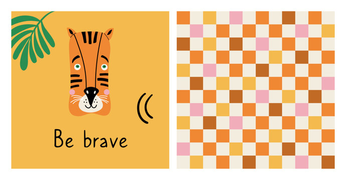 Cute set with animal poster and geometric seamless pattern. Hand drawn card with tiger face and simple print. Decor for baby shower, kids room, textile. Colorful vector illustrations. 